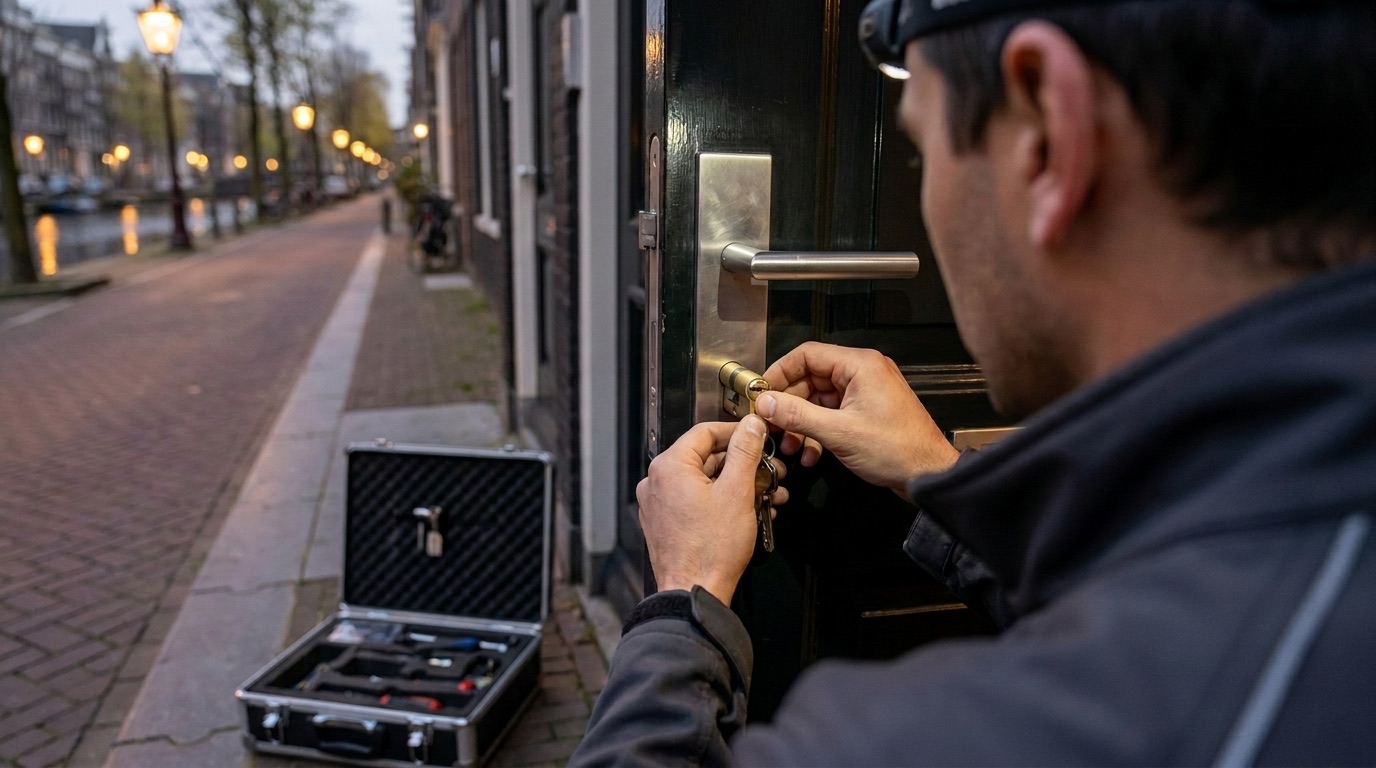 Slotenmaker plaatst een nieuwe cilinder in een Amsterdamse voordeur