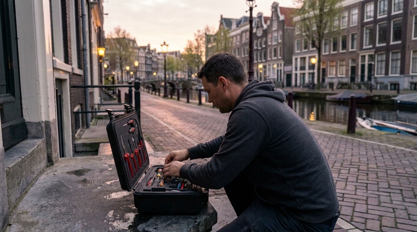 Slotenmaker legt vroeg in de ochtend zijn gereedschap klaar aan de gracht