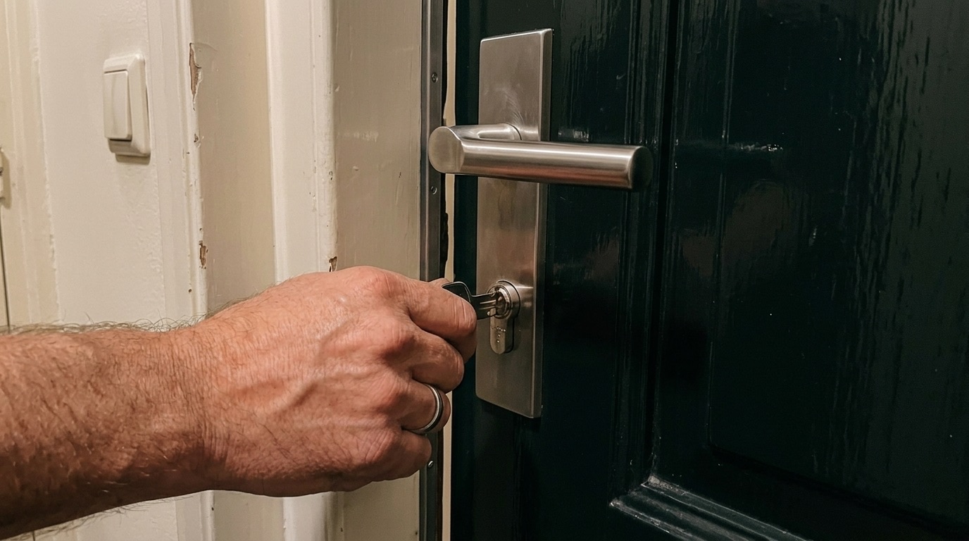 Slotenmaker draait een sleutel in het slot van een voordeur
